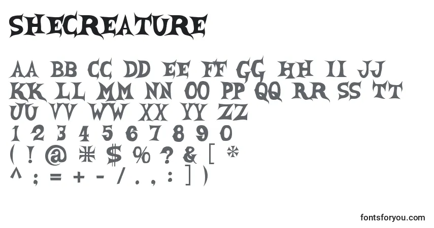 Czcionka Shecreature – alfabet, cyfry, specjalne znaki