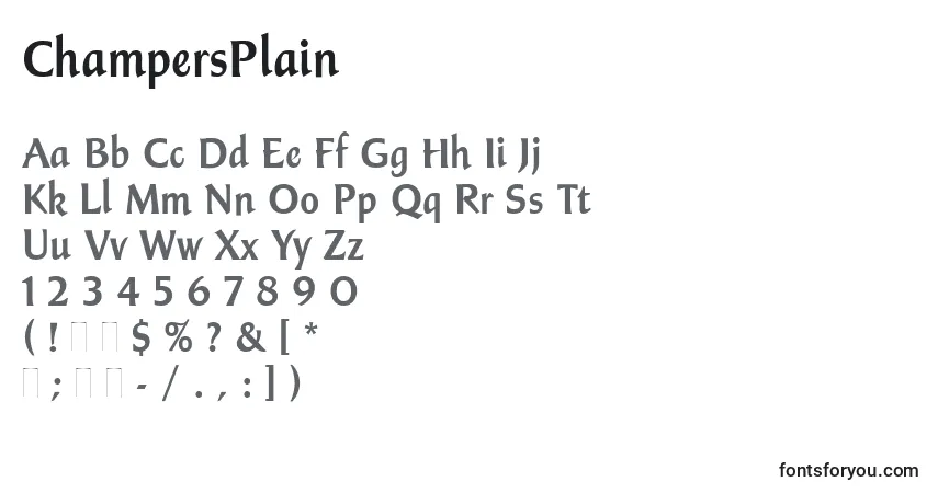 Czcionka ChampersPlain – alfabet, cyfry, specjalne znaki