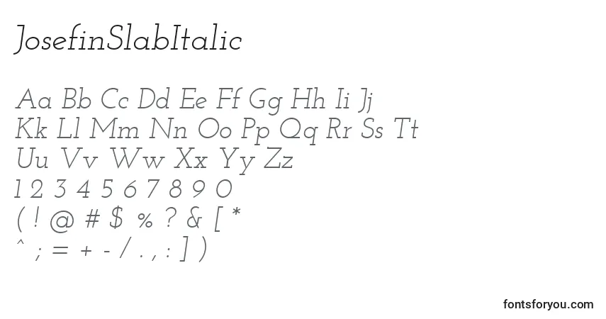 Czcionka JosefinSlabItalic – alfabet, cyfry, specjalne znaki
