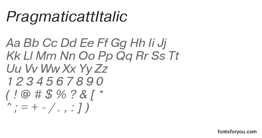 A fonte PragmaticattItalic – alfabeto, números, caracteres especiais