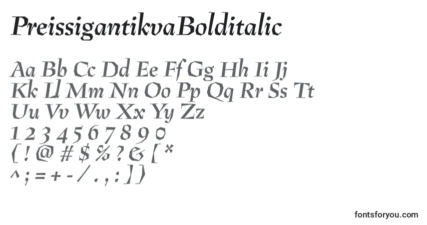 Czcionka PreissigantikvaBolditalic – alfabet, cyfry, specjalne znaki