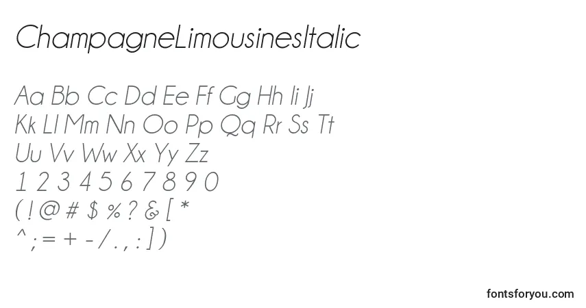 Шрифт ChampagneLimousinesItalic – алфавит, цифры, специальные символы