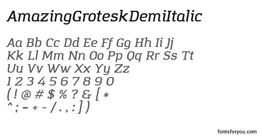 Schriftart AmazingGroteskDemiItalic – Alphabet, Zahlen, spezielle Symbole