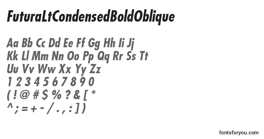 Шрифт FuturaLtCondensedBoldOblique – алфавит, цифры, специальные символы