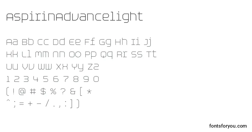 Czcionka AspirinAdvancelight – alfabet, cyfry, specjalne znaki