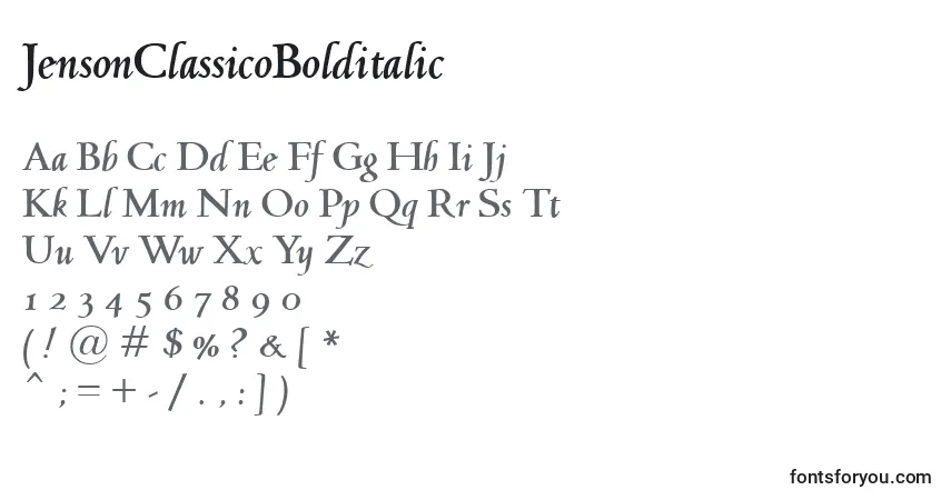 Czcionka JensonClassicoBolditalic – alfabet, cyfry, specjalne znaki