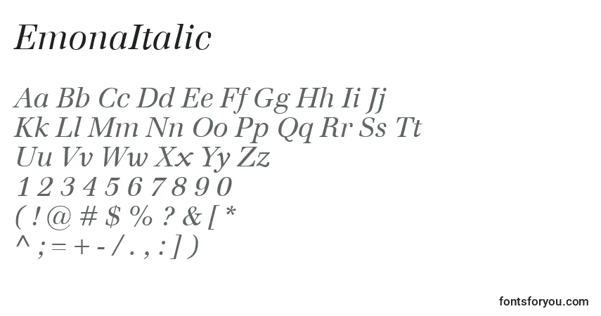 A fonte EmonaItalic – alfabeto, números, caracteres especiais