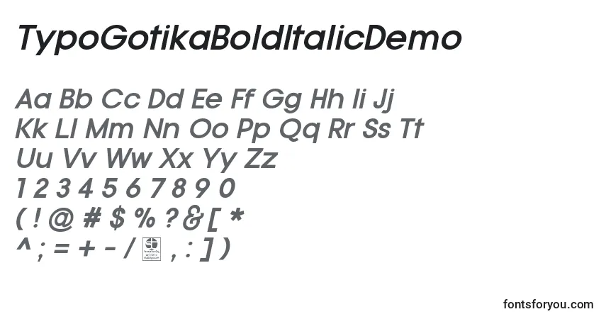 TypoGotikaBoldItalicDemo Font – alphabet, numbers, special characters