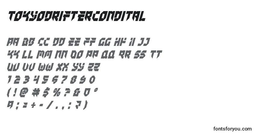 Czcionka Tokyodriftercondital – alfabet, cyfry, specjalne znaki