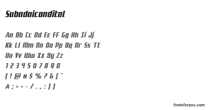 Schriftart Subadaicondital – Alphabet, Zahlen, spezielle Symbole
