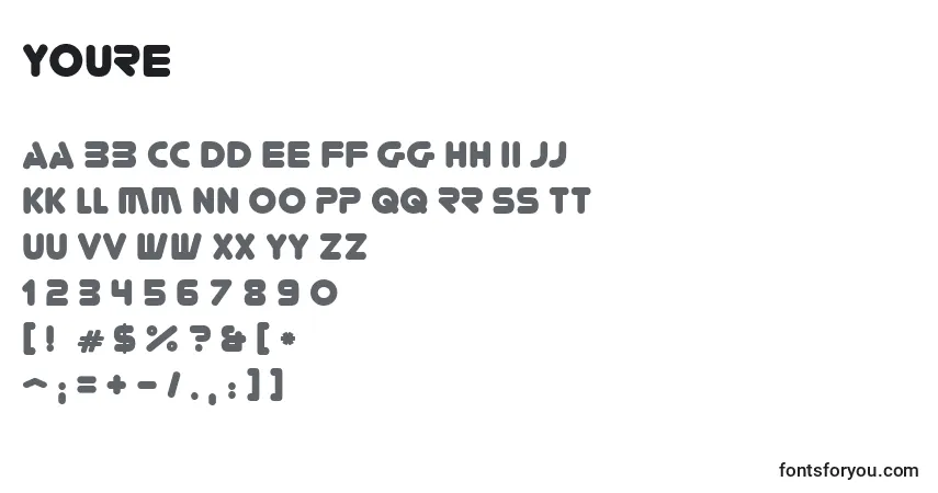 Czcionka Youre – alfabet, cyfry, specjalne znaki