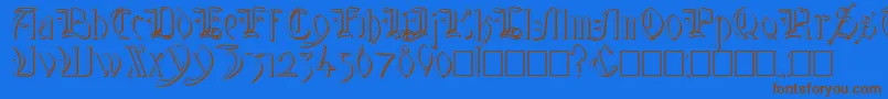フォントGlastonburyWideShadow – 茶色の文字が青い背景にあります。