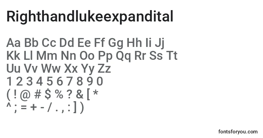 A fonte Righthandlukeexpandital – alfabeto, números, caracteres especiais