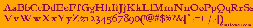 Kelmscott-fontti – violetit fontit oranssilla taustalla