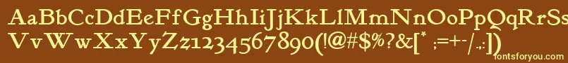 Kelmscott-fontti – keltaiset fontit ruskealla taustalla
