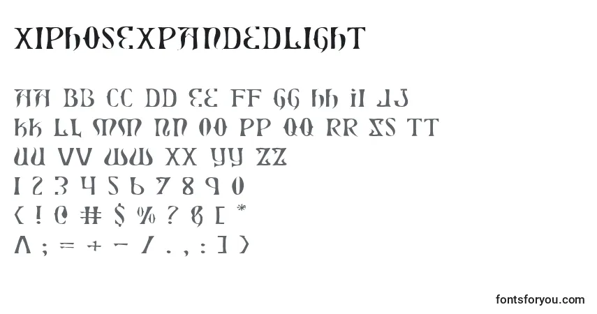Czcionka XiphosExpandedLight – alfabet, cyfry, specjalne znaki