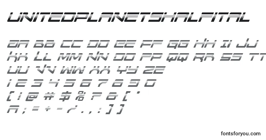 Schriftart Unitedplanetshalfital – Alphabet, Zahlen, spezielle Symbole