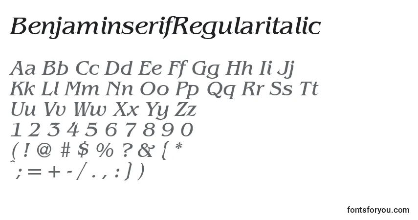 A fonte BenjaminserifRegularitalic – alfabeto, números, caracteres especiais