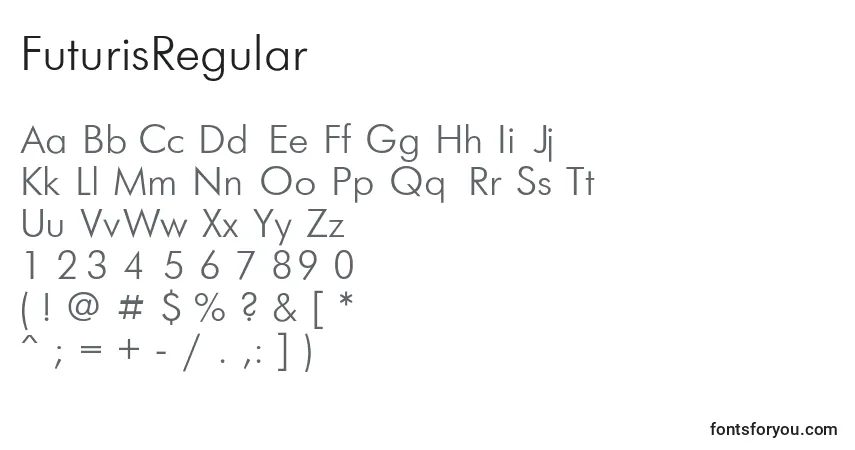 A fonte FuturisRegular – alfabeto, números, caracteres especiais