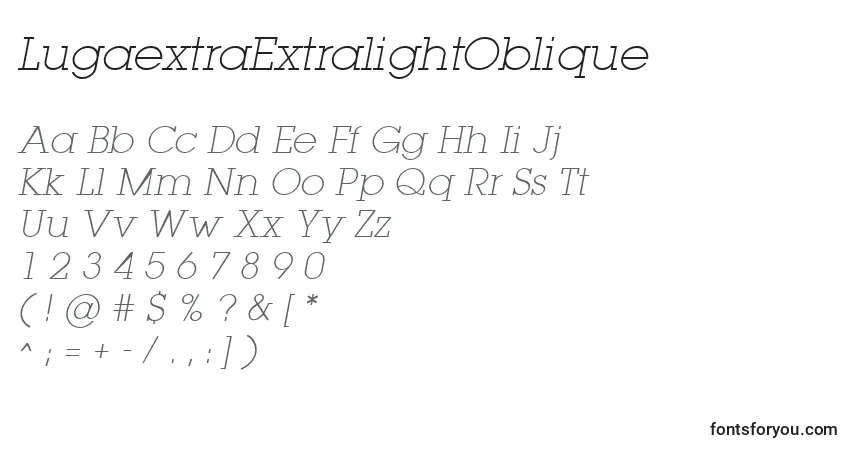 A fonte LugaextraExtralightOblique – alfabeto, números, caracteres especiais
