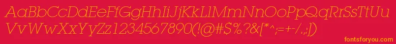 LugaextraExtralightOblique-Schriftart – Orangefarbene Schriften auf rotem Hintergrund
