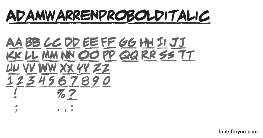 Schriftart AdamwarrenproBolditalic – Alphabet, Zahlen, spezielle Symbole