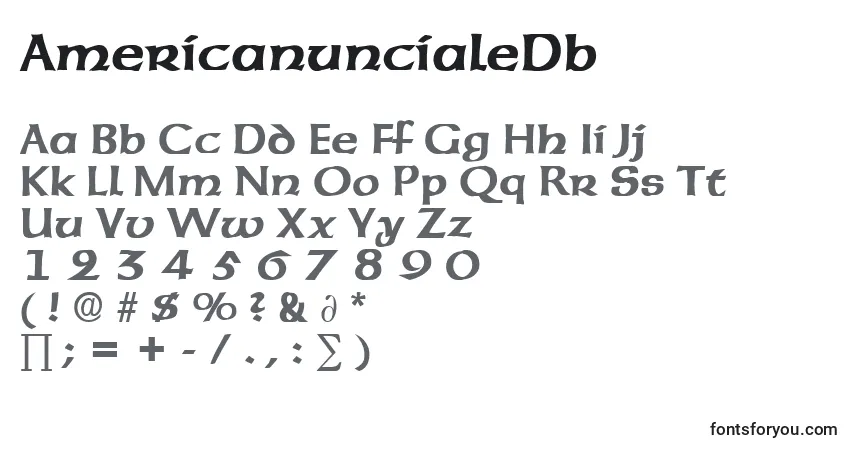 Czcionka AmericanuncialeDb – alfabet, cyfry, specjalne znaki