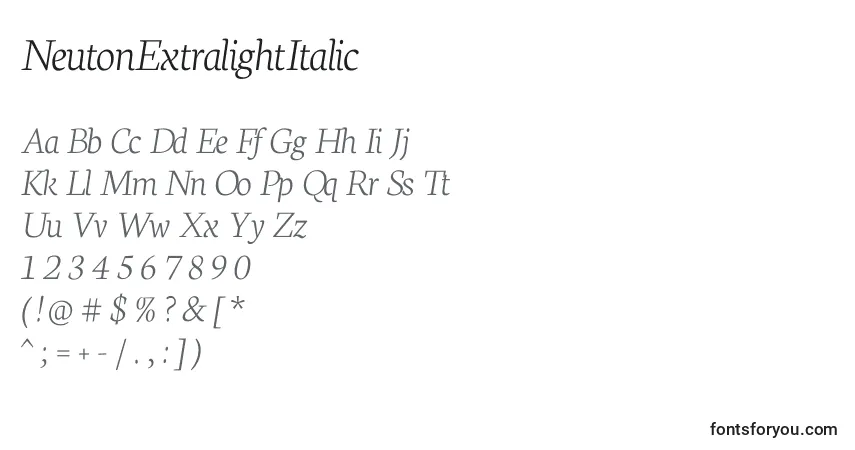 A fonte NeutonExtralightItalic – alfabeto, números, caracteres especiais