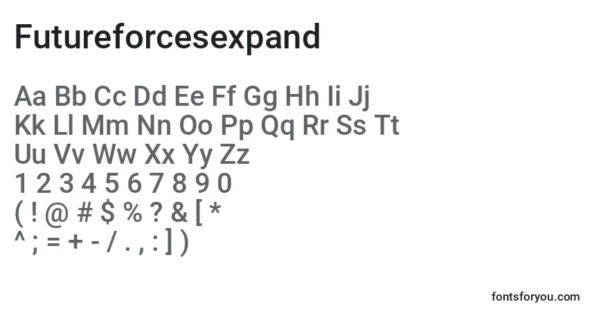 Czcionka Futureforcesexpand – alfabet, cyfry, specjalne znaki