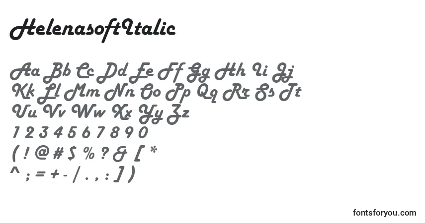 Czcionka HelenasoftItalic – alfabet, cyfry, specjalne znaki
