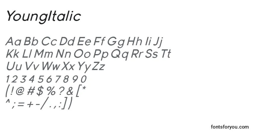 Schriftart YoungItalic – Alphabet, Zahlen, spezielle Symbole