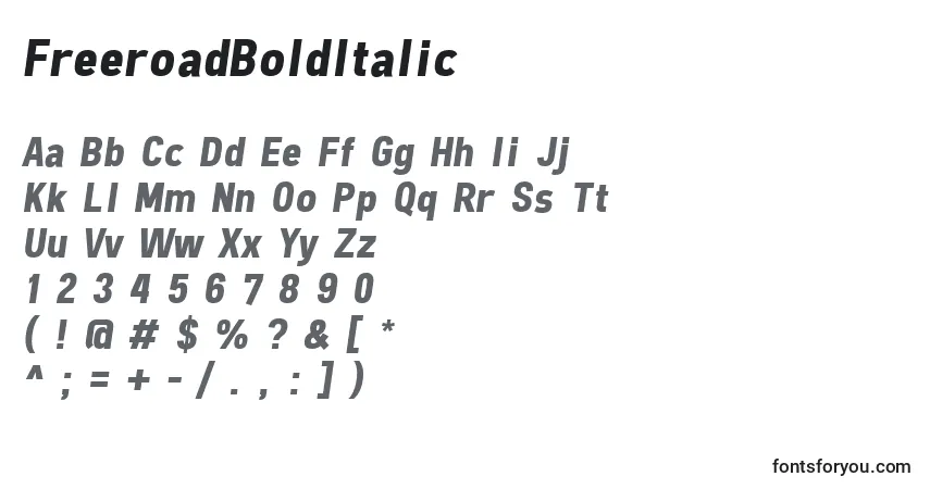 Шрифт FreeroadBoldItalic – алфавит, цифры, специальные символы