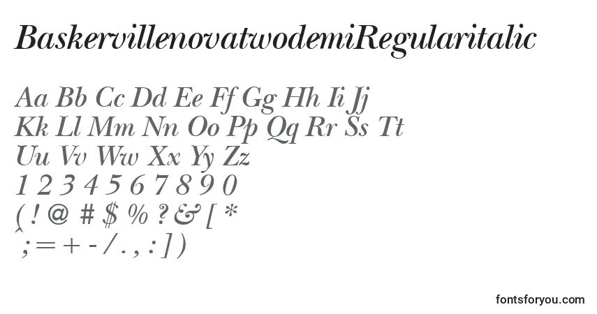 Czcionka BaskervillenovatwodemiRegularitalic – alfabet, cyfry, specjalne znaki