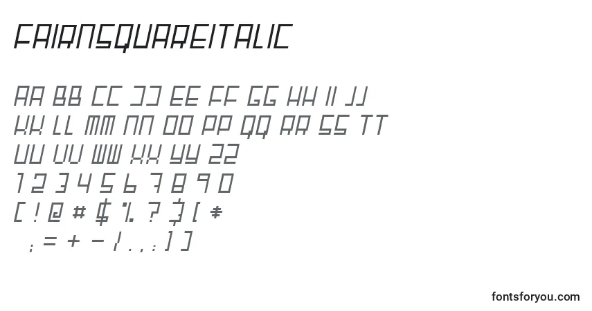 Шрифт FairnsquareItalic – алфавит, цифры, специальные символы