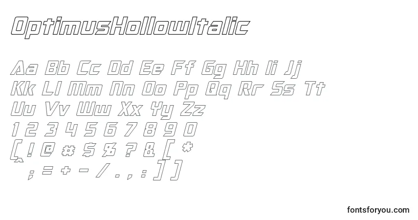 Czcionka OptimusHollowItalic – alfabet, cyfry, specjalne znaki
