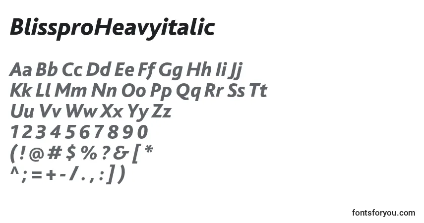 Czcionka BlissproHeavyitalic – alfabet, cyfry, specjalne znaki