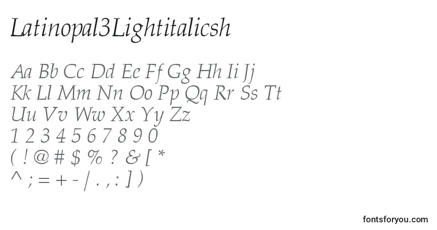 A fonte Latinopal3Lightitalicsh – alfabeto, números, caracteres especiais