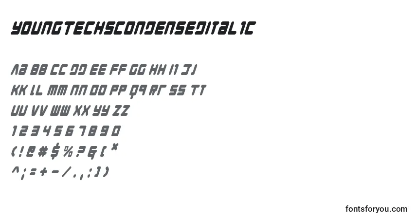 Шрифт YoungTechsCondensedItalic – алфавит, цифры, специальные символы