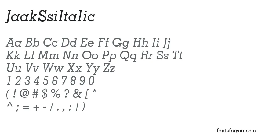 Czcionka JaakSsiItalic – alfabet, cyfry, specjalne znaki