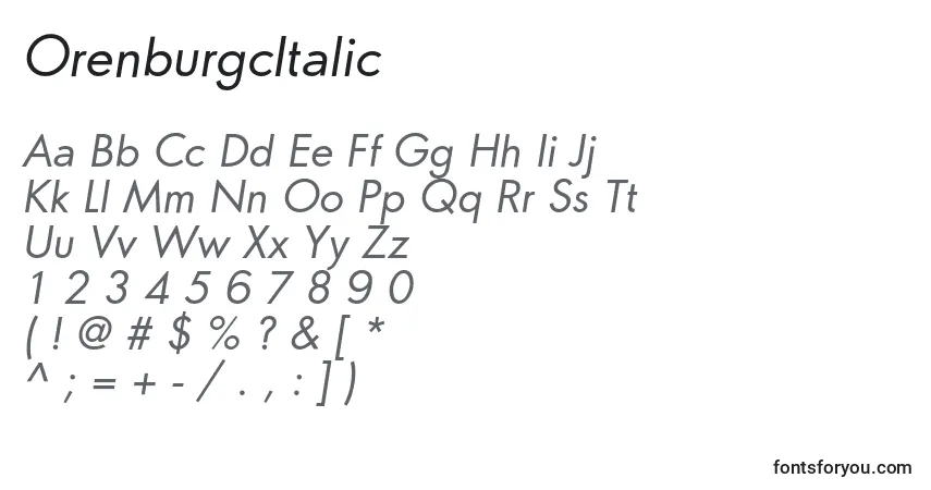 A fonte OrenburgcItalic – alfabeto, números, caracteres especiais