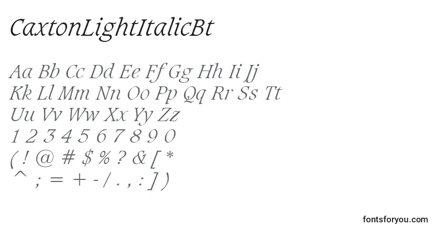 A fonte CaxtonLightItalicBt – alfabeto, números, caracteres especiais