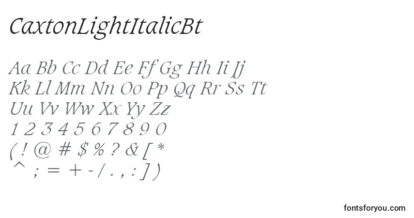 Czcionka CaxtonLightItalicBt – alfabet, cyfry, specjalne znaki