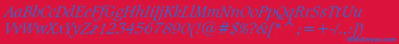 CaxtonLightItalicBt-Schriftart – Blaue Schriften auf rotem Hintergrund