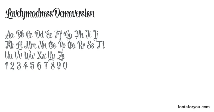 Schriftart LovelymadnessDemoversion (27745) – Alphabet, Zahlen, spezielle Symbole