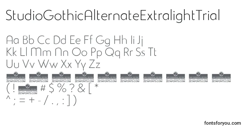 A fonte StudioGothicAlternateExtralightTrial – alfabeto, números, caracteres especiais