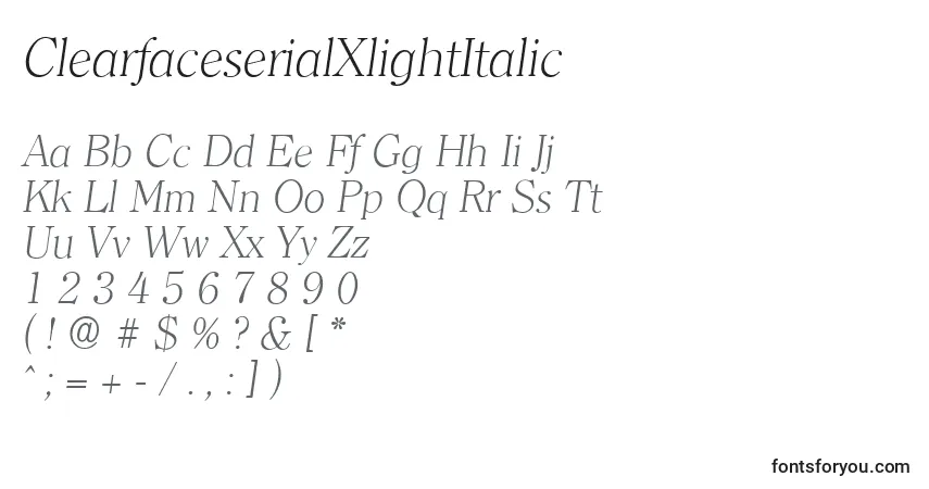 A fonte ClearfaceserialXlightItalic – alfabeto, números, caracteres especiais