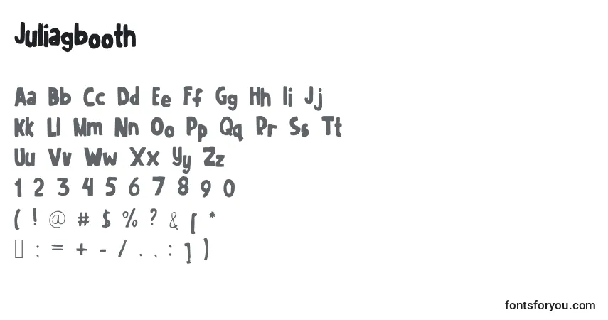 Czcionka Juliagbooth – alfabet, cyfry, specjalne znaki