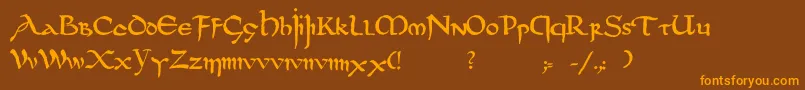 フォントDsuncialfunnyc – オレンジ色の文字が茶色の背景にあります。