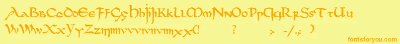フォントDsuncialfunnyc – オレンジの文字が黄色の背景にあります。