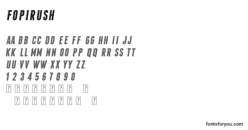 A fonte FopiRush – alfabeto, números, caracteres especiais